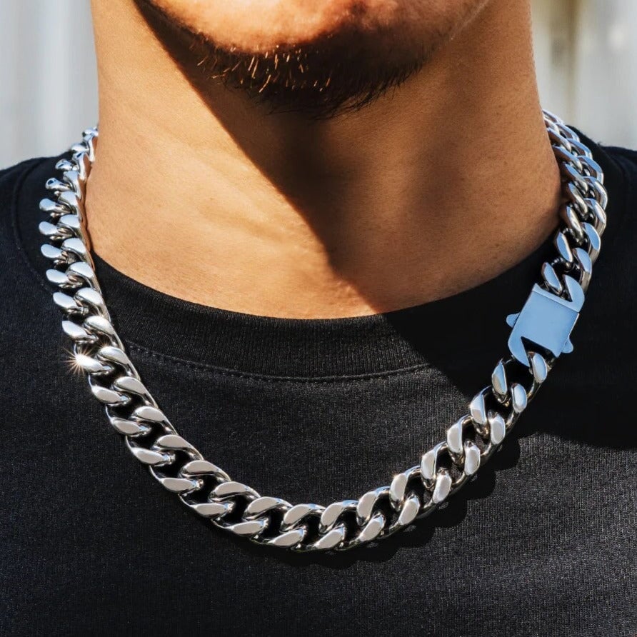 14mm Curb Cuban Link Chain in Silver White Gold Necklaces 