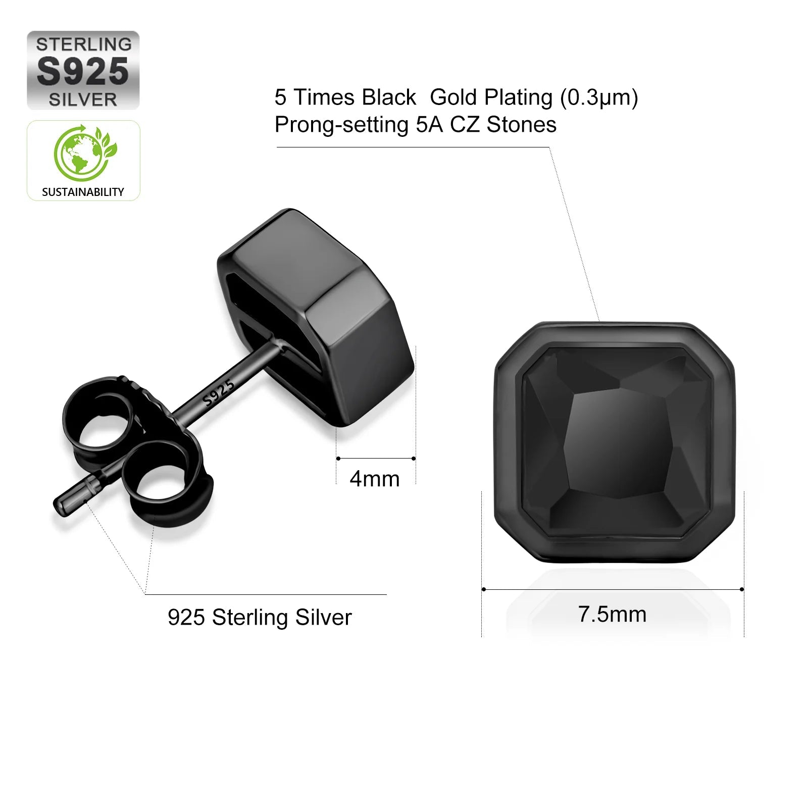 925 Sterling Silver Black Square Stud Earrings Earrings 