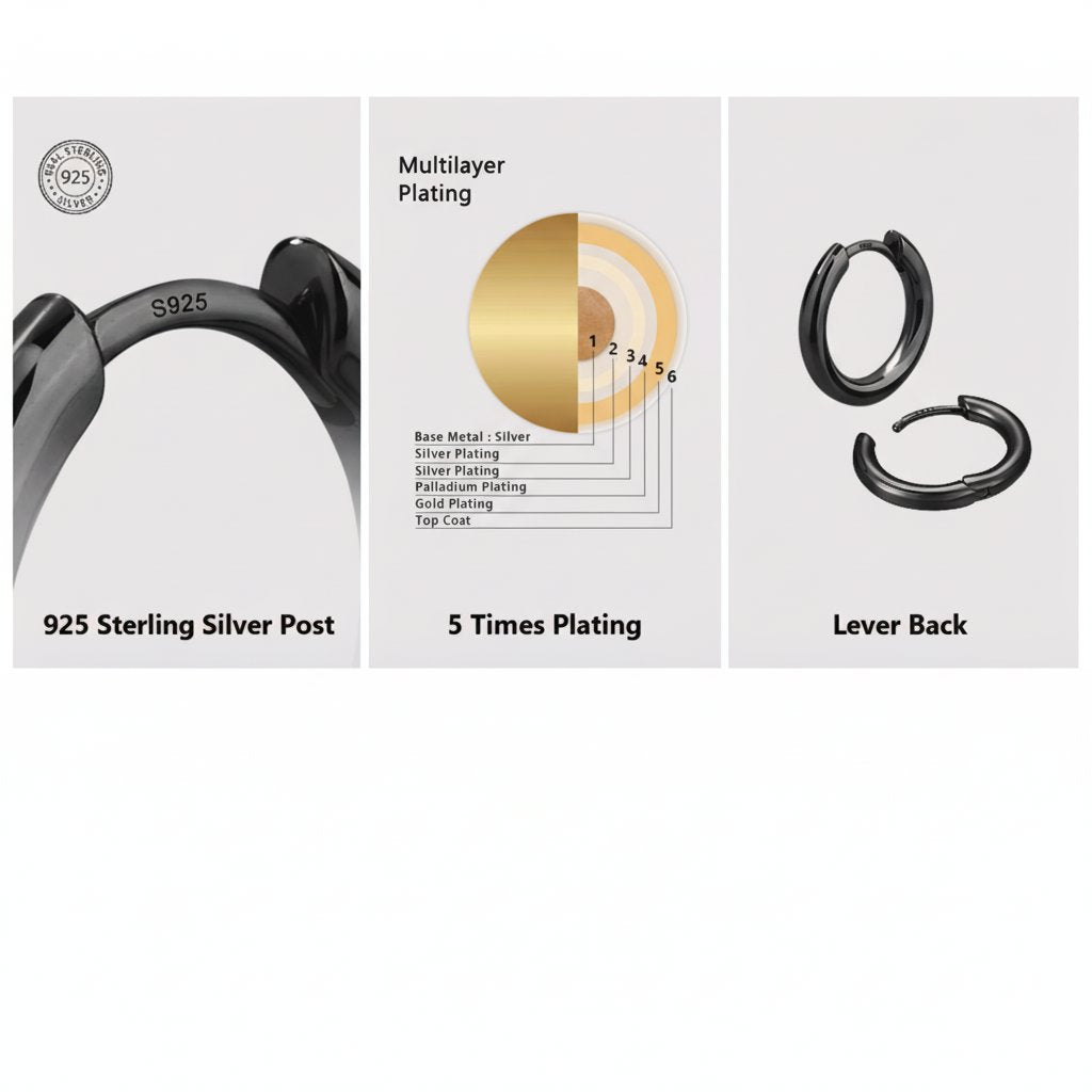 925 Sterling Silver Hoop Earrings in Black Gold Earrings 