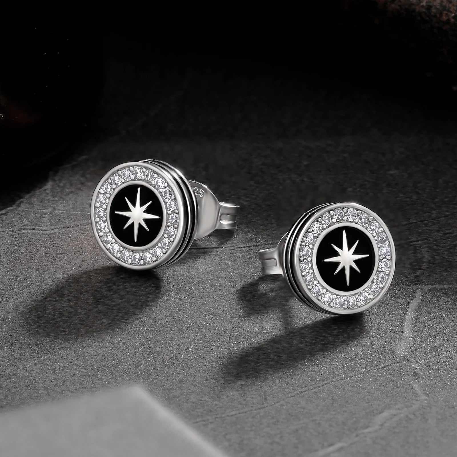 9mm Black Enamel Iced Diamond Stud Earrings - Sun Earrings 