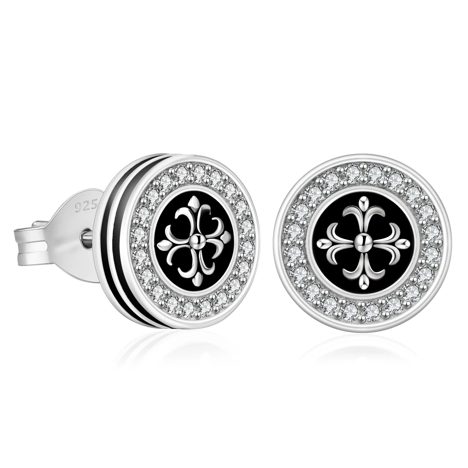 9mm Black Iced Diamond Stud Earrings - Cross Fleur-de-lis Lily flower Earrings 
