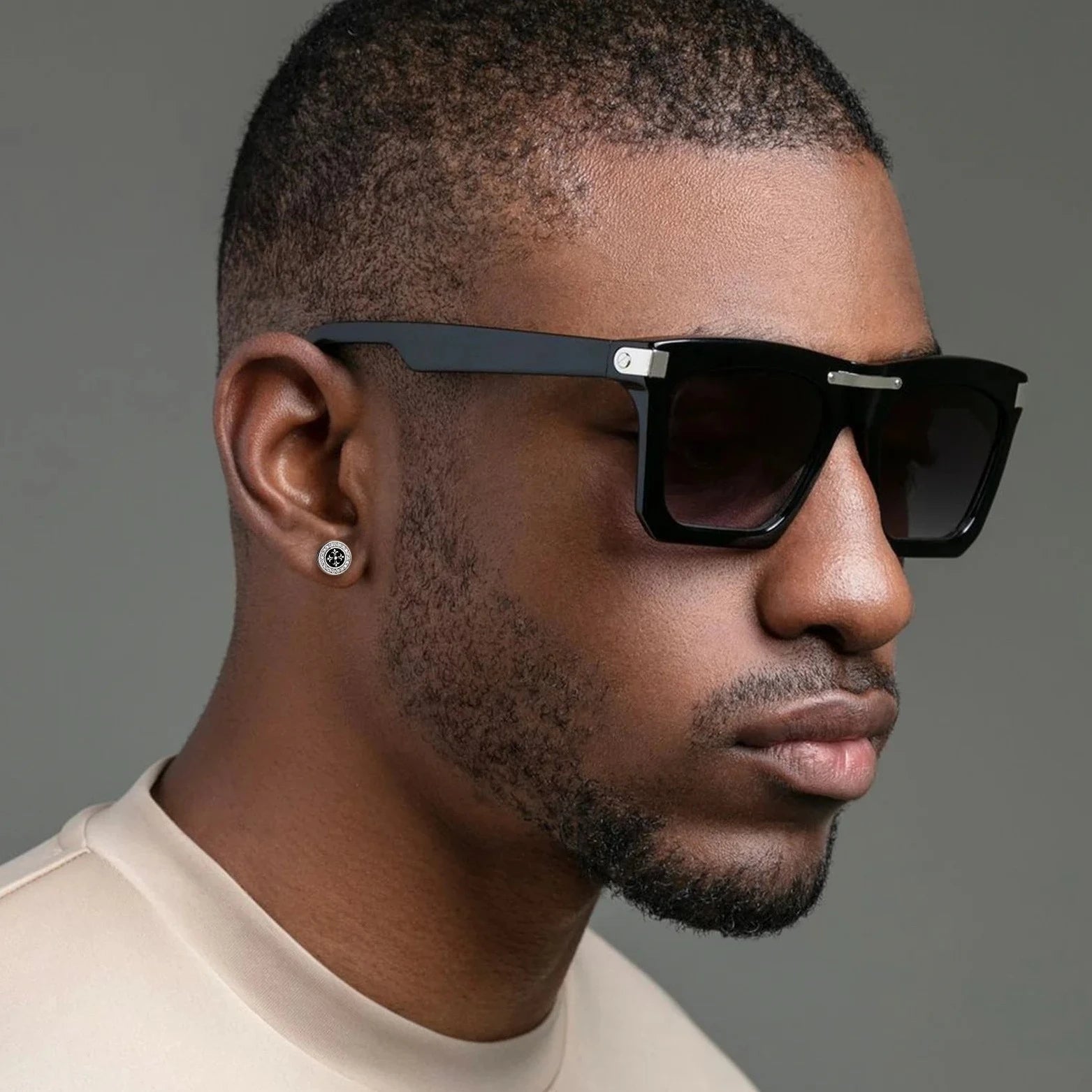 9mm Black Iced Diamond Stud Earrings - Cross Fleur-de-lis Lily flower Earrings 