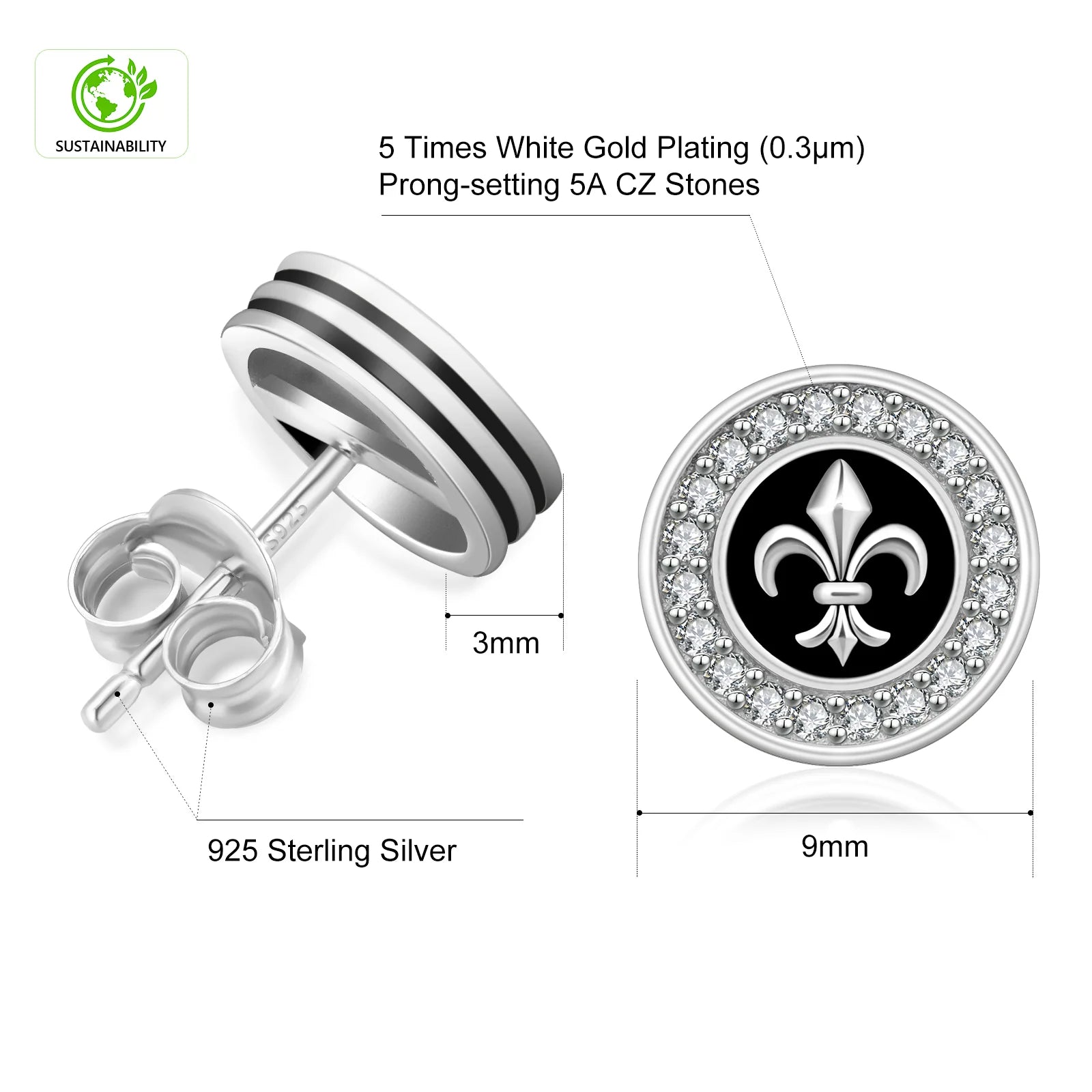 9mm Black Iced Diamond Stud Earrings - Fleur-de-lis Lily flower Earrings 
