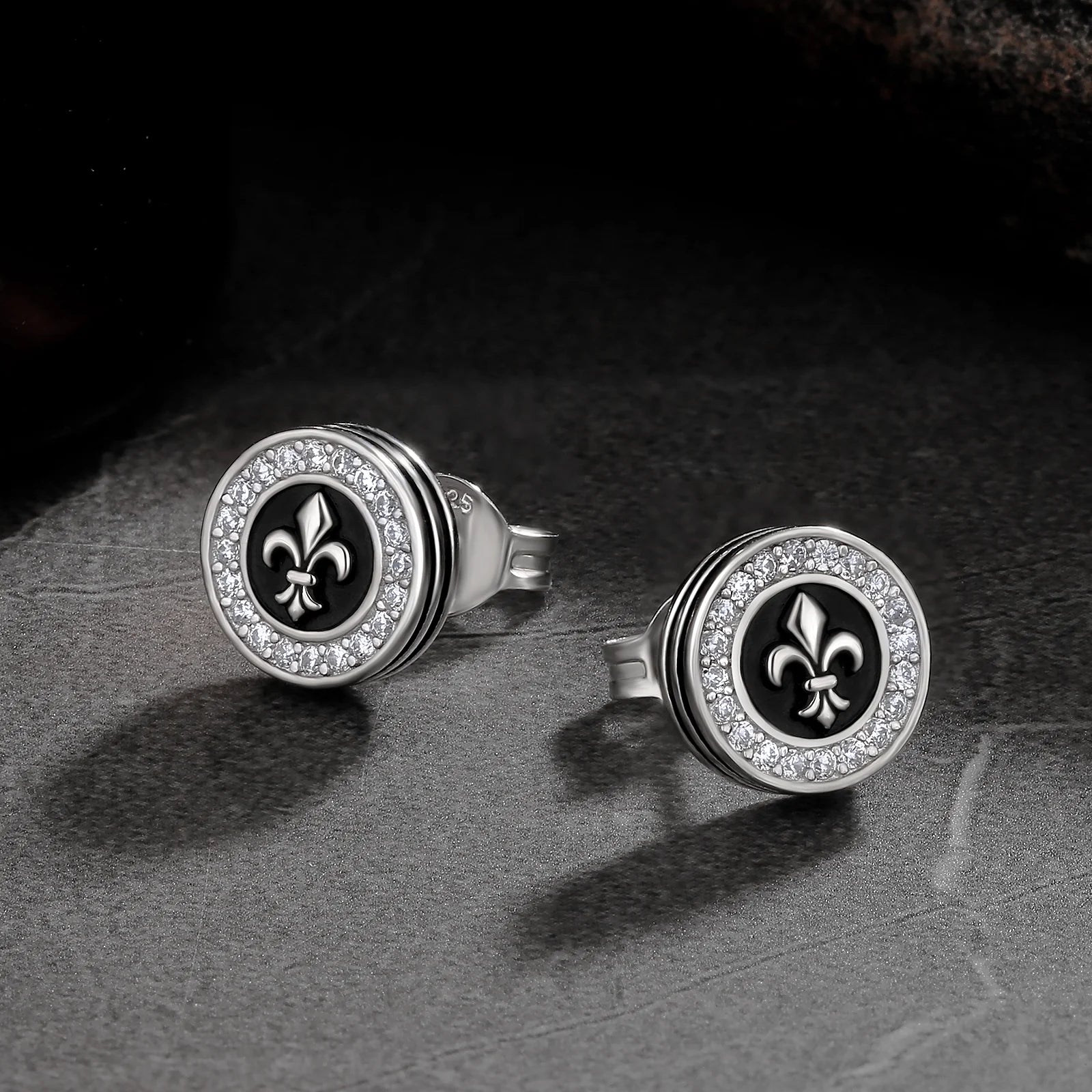 9mm Black Iced Diamond Stud Earrings - Fleur-de-lis Lily flower Earrings 