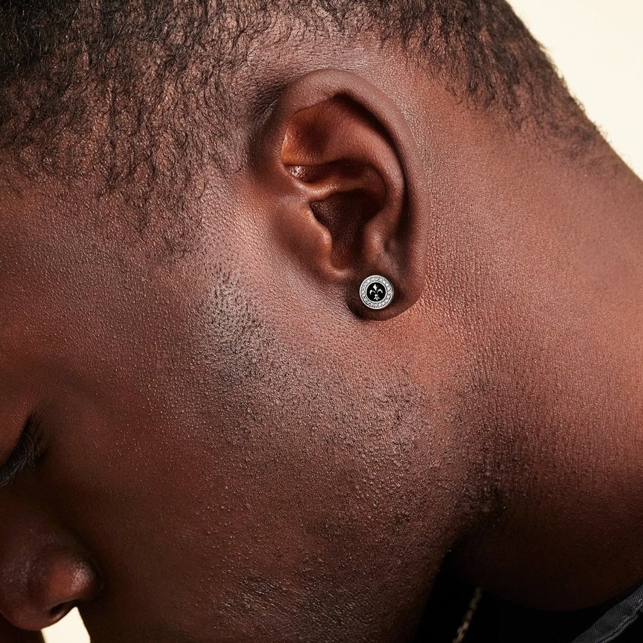 9mm Black Iced Diamond Stud Earrings - Fleur-de-lis Lily flower Earrings 