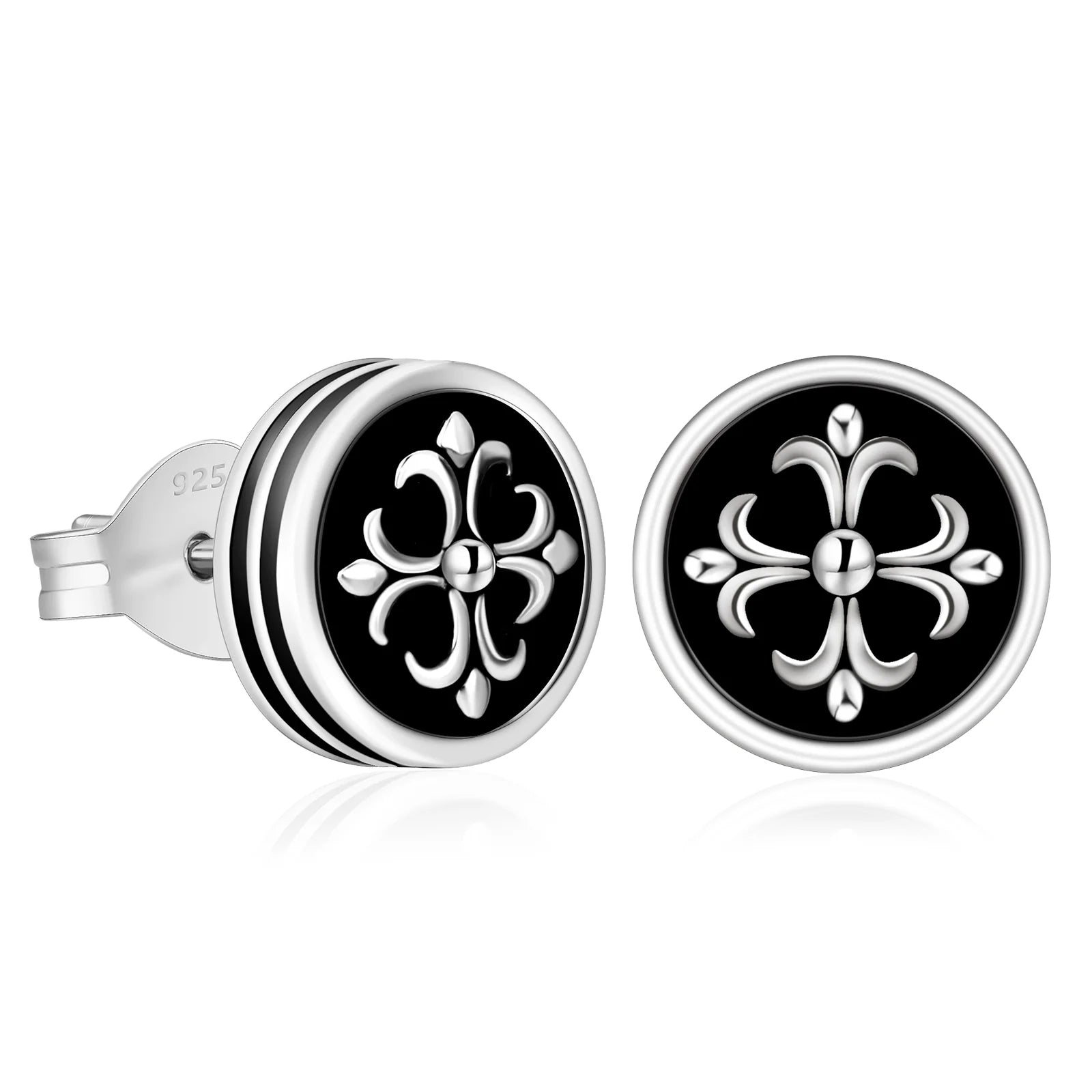 9mm Black Stud Earrings - Cross Fleur-de-lis Lily flower Earrings 