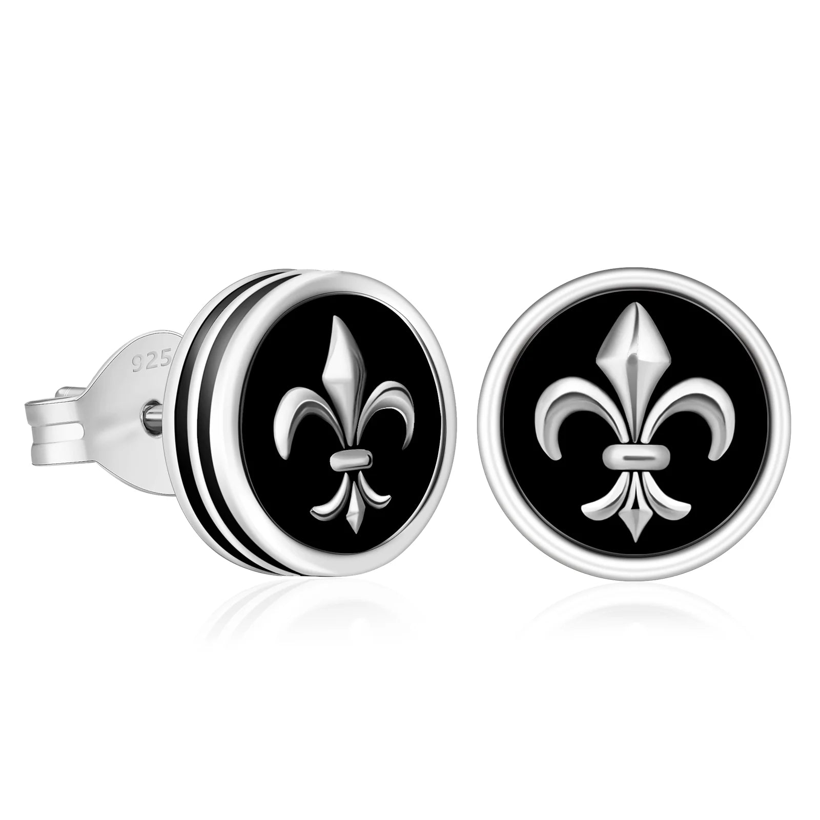 9mm Black Stud Earrings - Fleur-de-lis Lily flower Earrings 