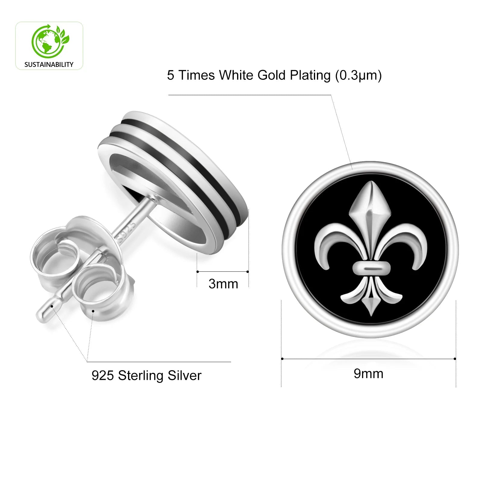9mm Black Stud Earrings - Fleur-de-lis Lily flower Earrings 