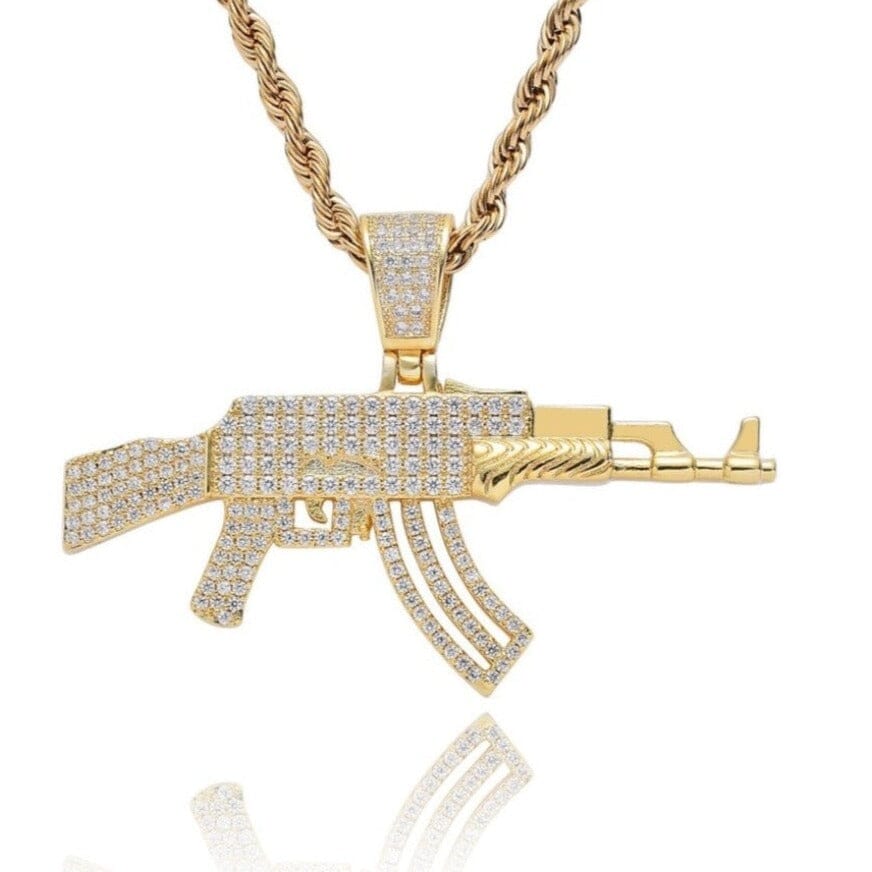 AK-47 Rifle Gun Pendant - 1.5inch Charms & Pendants Brass with CZ Stone Free Rope Chain Yellow Gold