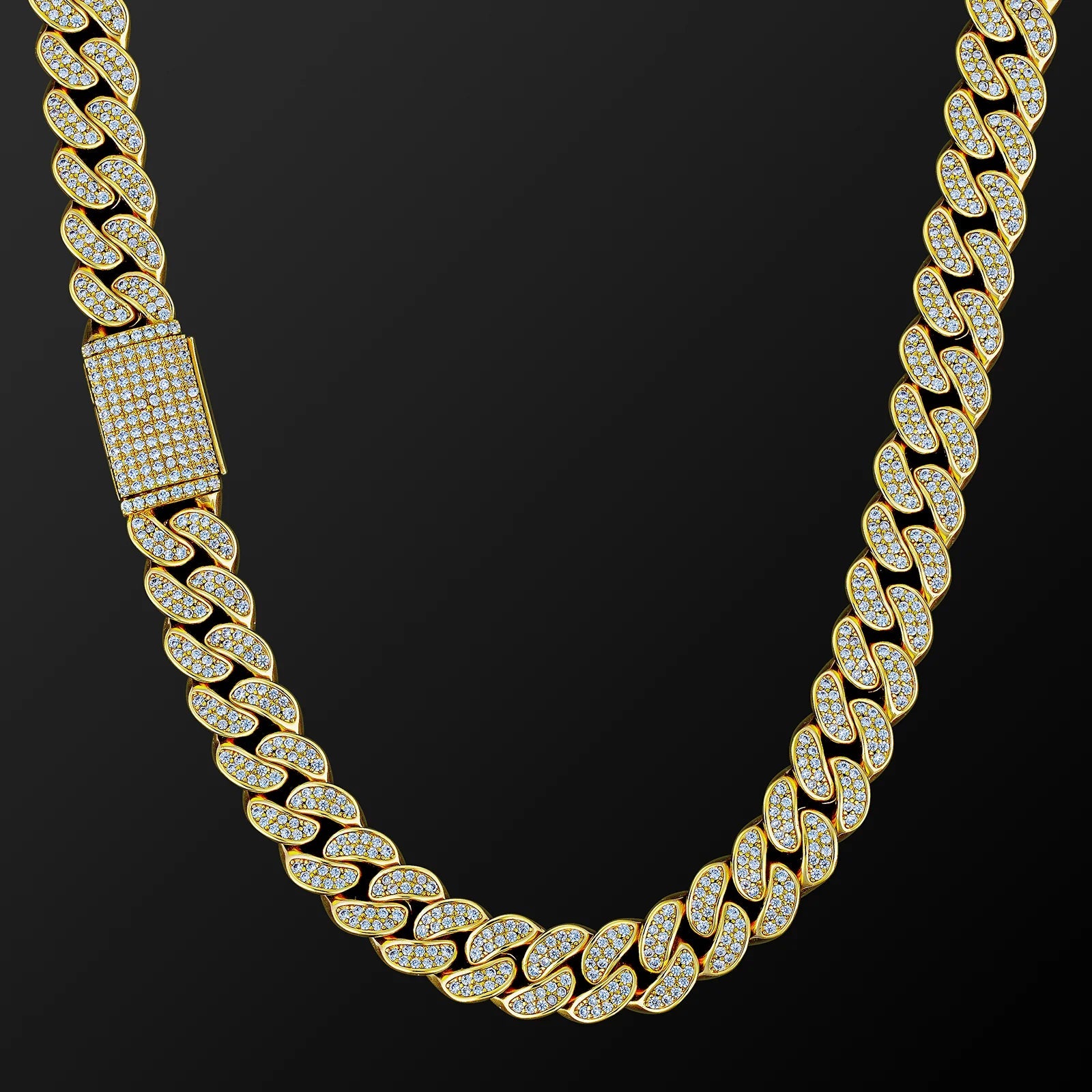 Iced Out Diamond Cuban Link Chain in 14K Gold - 12mm Necklaces 