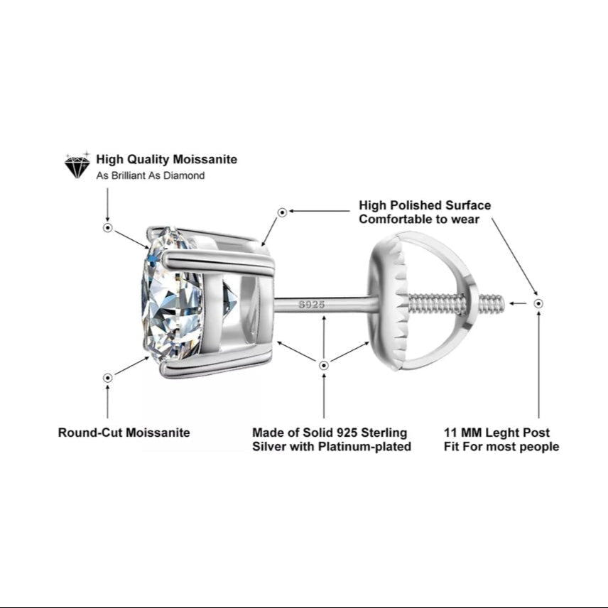 Moissanite Diamond Earrings Studs in White Gold - Screw Back Earrings 