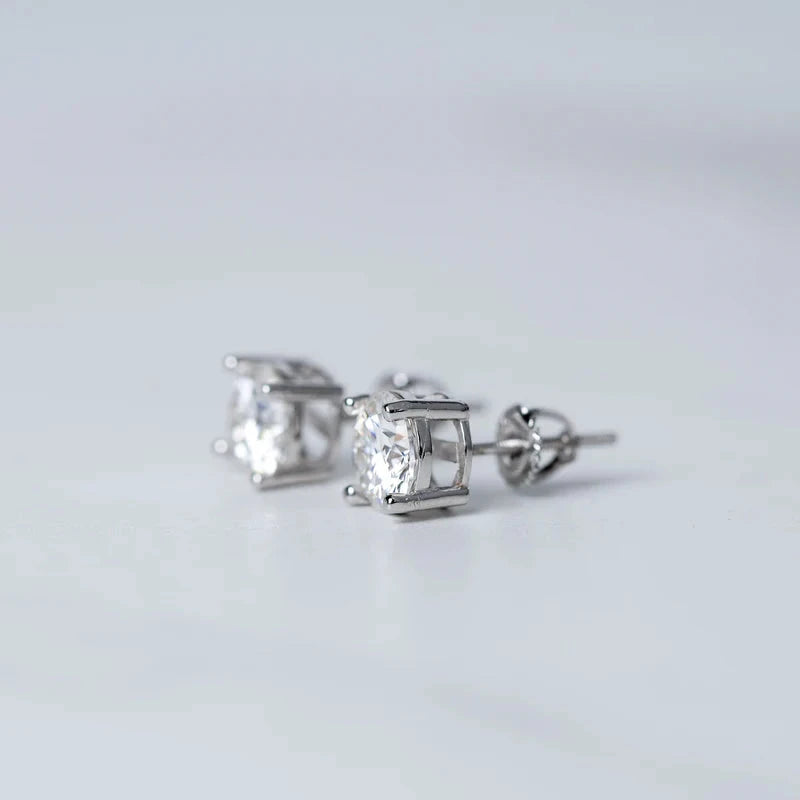Moissanite Diamond Earrings Studs in White Gold - Screw Back Earrings 