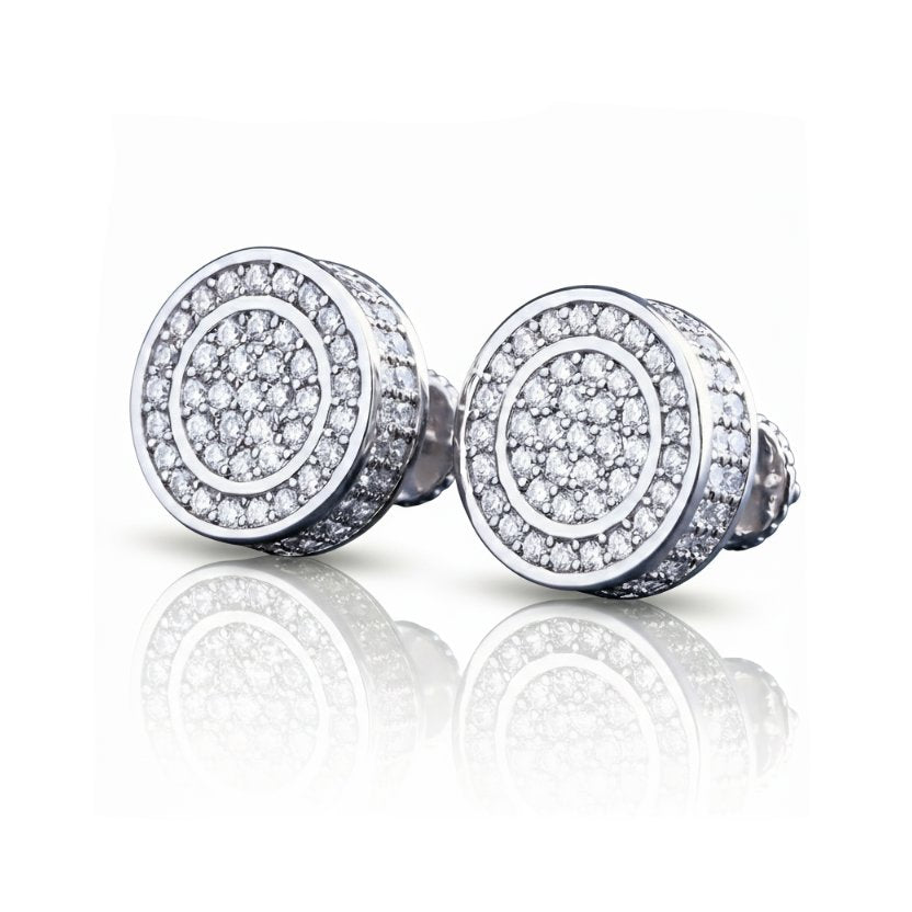Moissanite Diamond Fully Iced Round Stud Earrings in White Gold - 11mm/Screw Back Earrings 