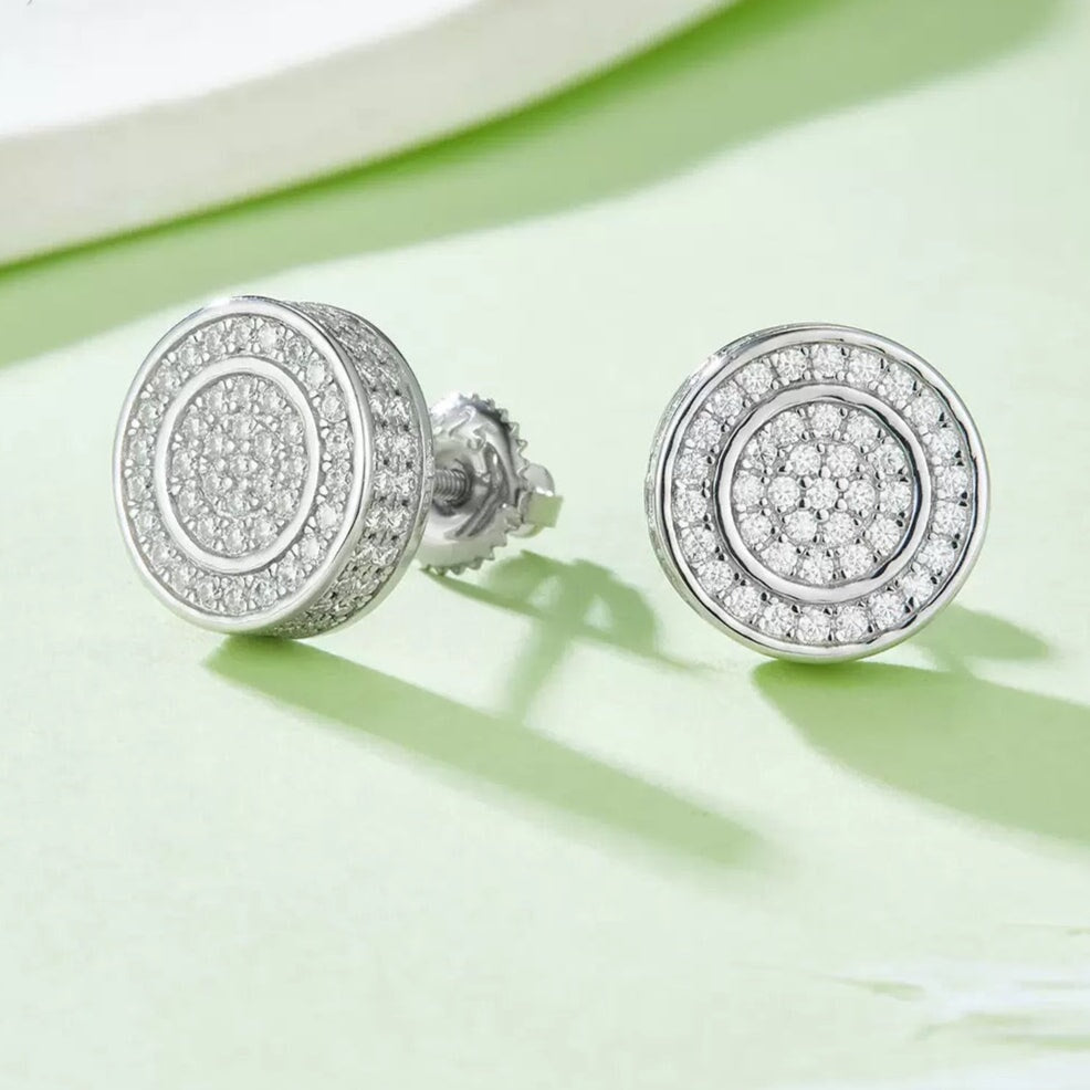 Moissanite Diamond Fully Iced Round Stud Earrings in White Gold - 11mm/Screw Back Earrings 