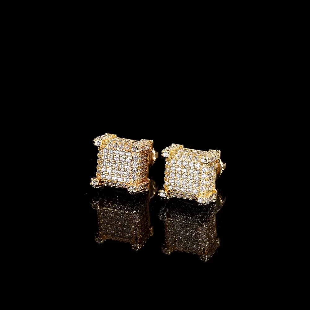 Moissanite Diamond Fully Iced Square Stud Earrings in 14K Gold - 10mm/Screw Back Earrings 