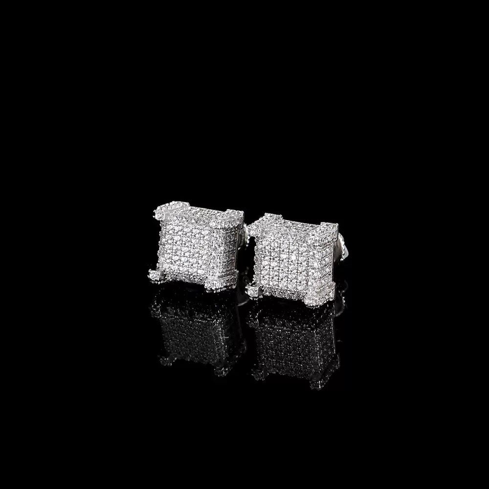 Moissanite Diamond Fully Iced Square Stud Earrings in White Gold - 10mm/Screw Back Earrings 