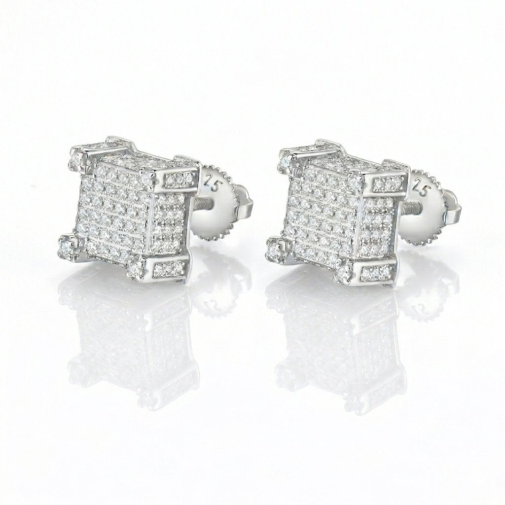 Moissanite Diamond Fully Iced Square Stud Earrings in White Gold - 10mm/Screw Back Earrings 