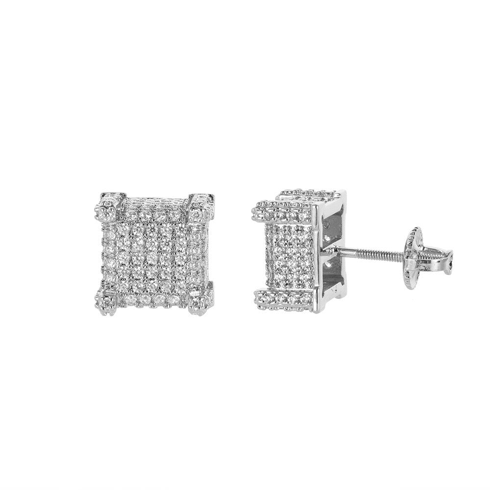 Moissanite Diamond Fully Iced Square Stud Earrings in White Gold - 10mm/Screw Back Earrings 