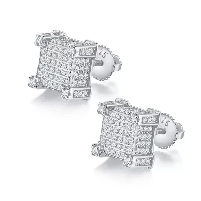 Moissanite Diamond Fully Iced Square Stud Earrings in White Gold - 10mm/Screw Back Earrings 