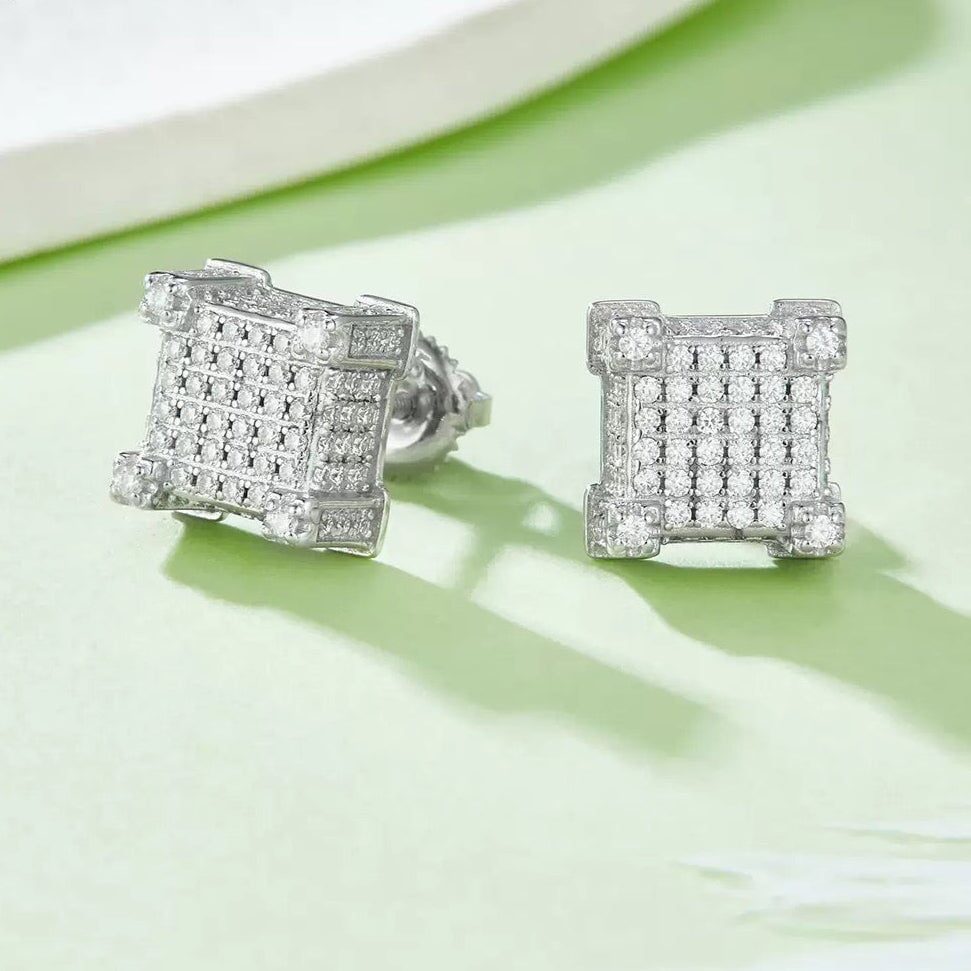 Moissanite Diamond Fully Iced Square Stud Earrings in White Gold - 10mm/Screw Back Earrings 