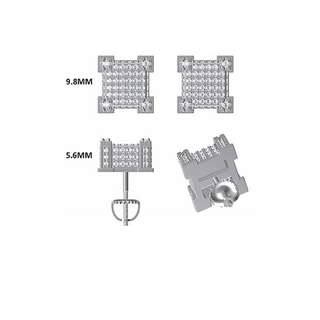 Moissanite Diamond Fully Iced Square Stud Earrings in White Gold - 10mm/Screw Back Earrings 