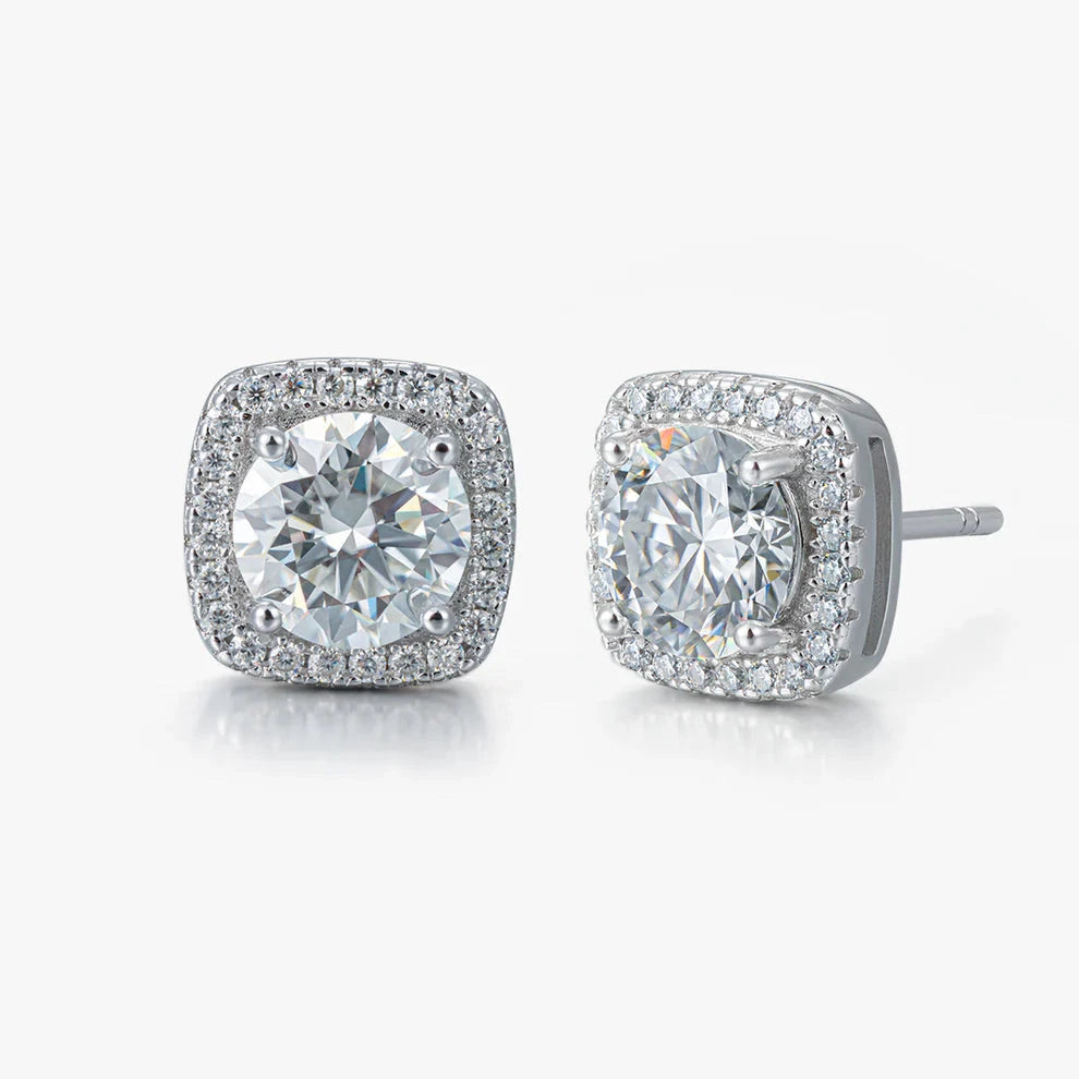 Moissanite Diamond Halo Square Stud Earrings in 925 Sterling Silver - 2.0 Carat Earrings 
