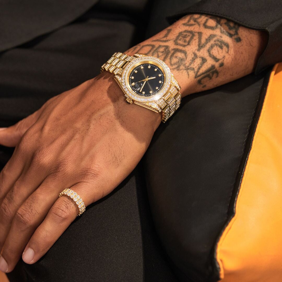 Moissanite Iced Out Presidential Watch in 14K Gold - Black 