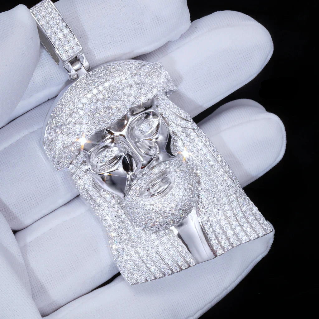 Moissanite Jesus Head Pendant in White Gold Charms & Pendants 