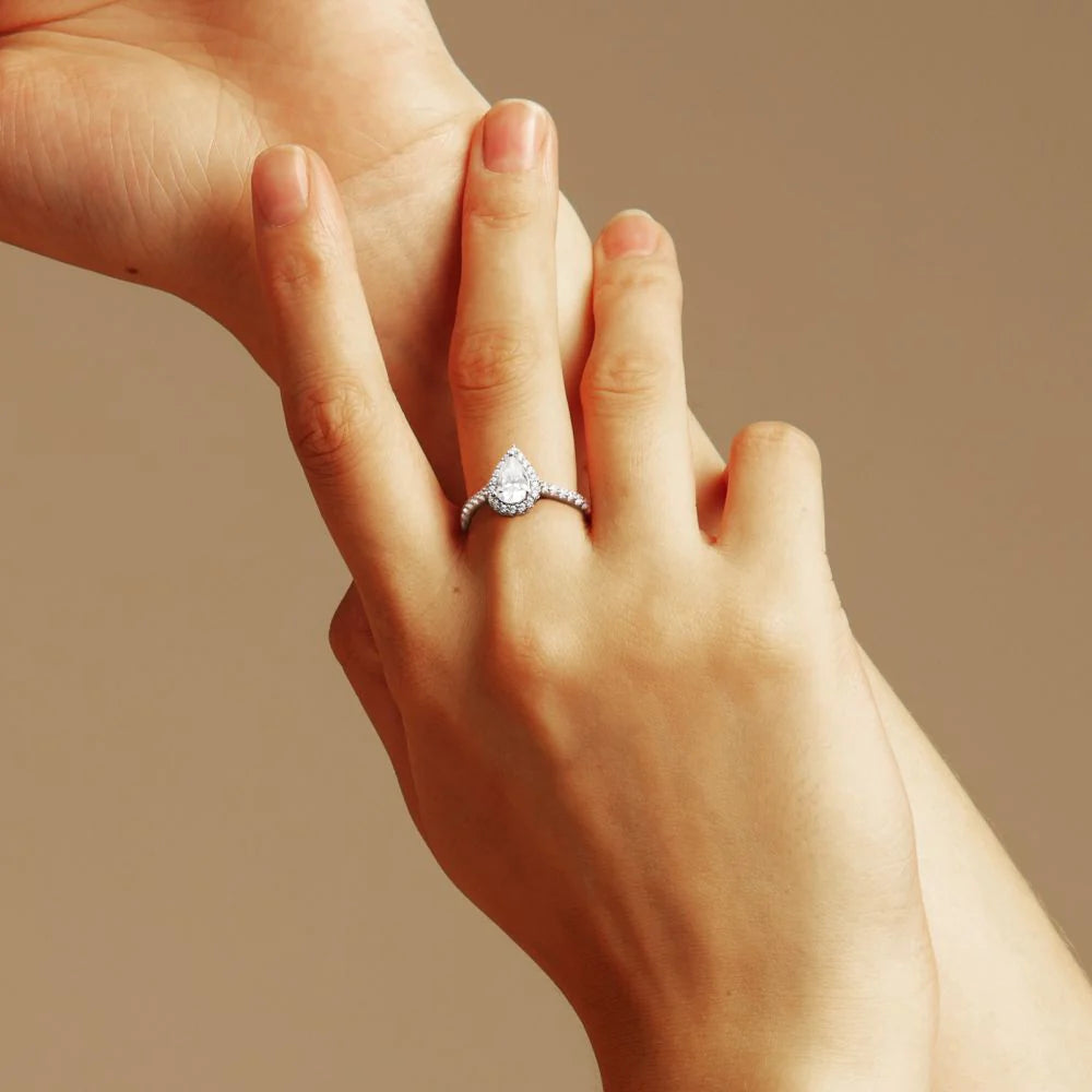 Pear Cut Moissanite Diamond Paved Halo Ring for Women Rings 