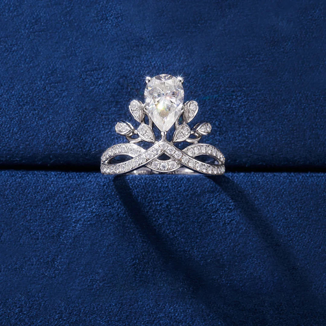 Pear Cut Moissanite Diamond Paved Princess Crown Ring for Women Rings 