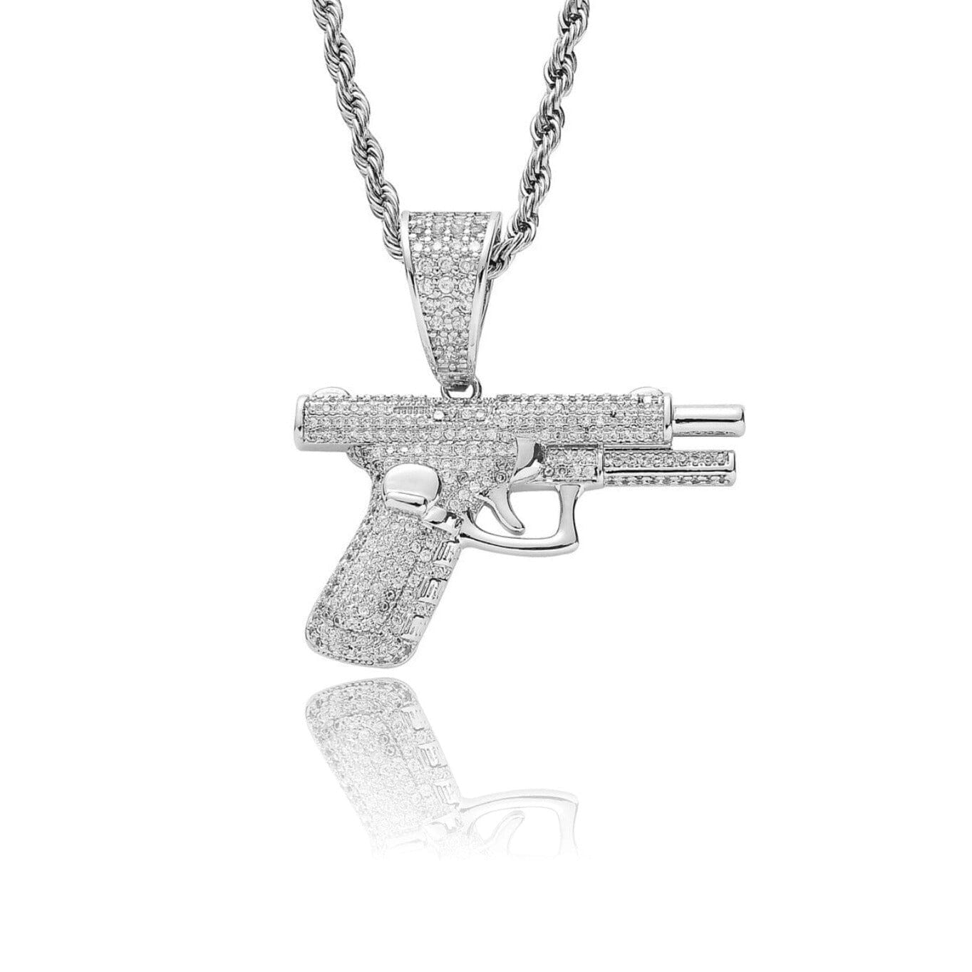 Pistol Handgun Pendant - 1.5inch Charms & Pendants Brass with CZ Stone Free Rope Chain White Gold