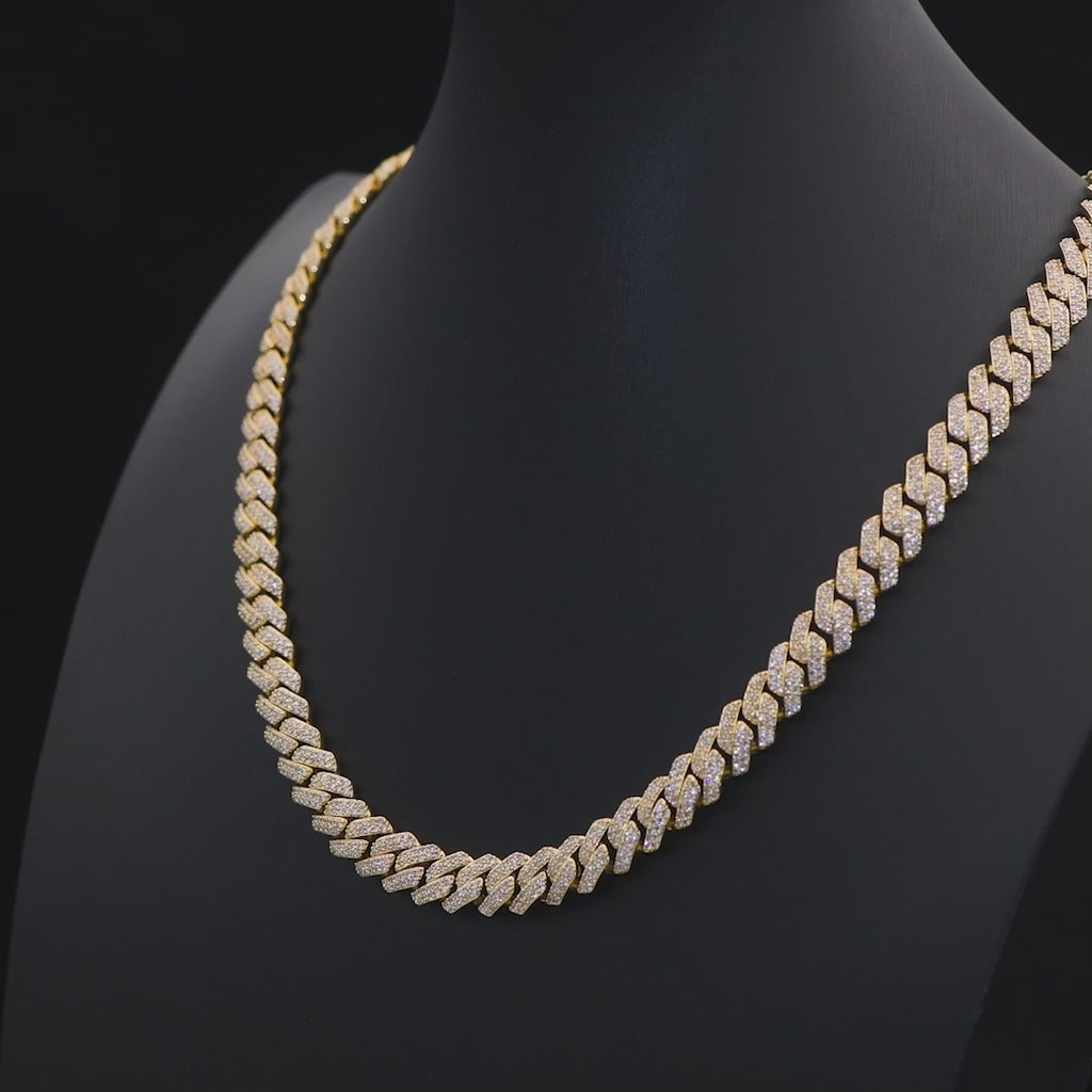 S925 Moissanite Diamond Prong Cuban Link Chain in 14K Gold 12mm