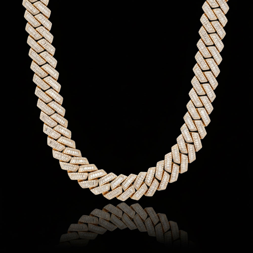 S925 Baguette Moissanite Diamond Cuban Link Chain in 14K Gold - 16mm 