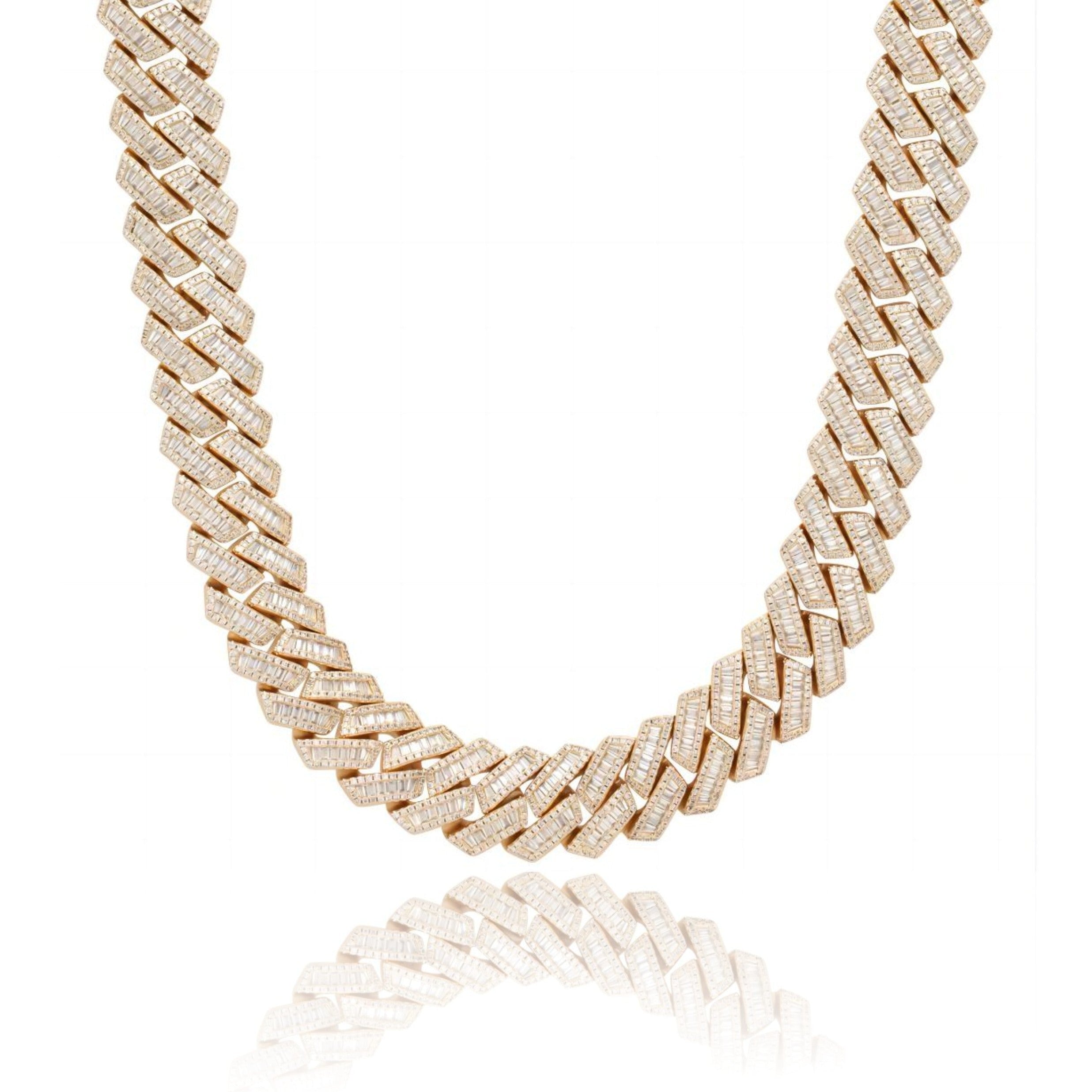 S925 Baguette Moissanite Diamond Cuban Link Chain in 14K Gold - 16mm 