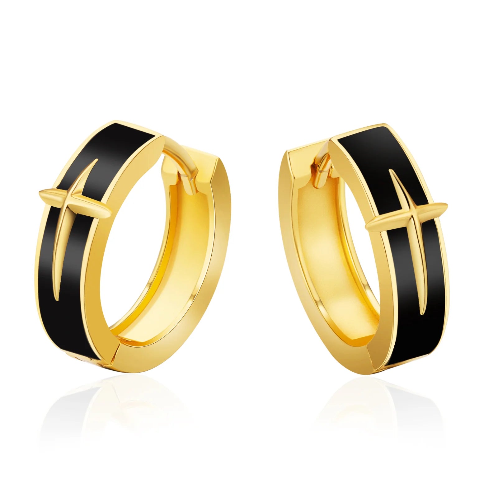 S925 Black Enamel Star Hoop Earrings in 14K Gold - 15mm Earrings 