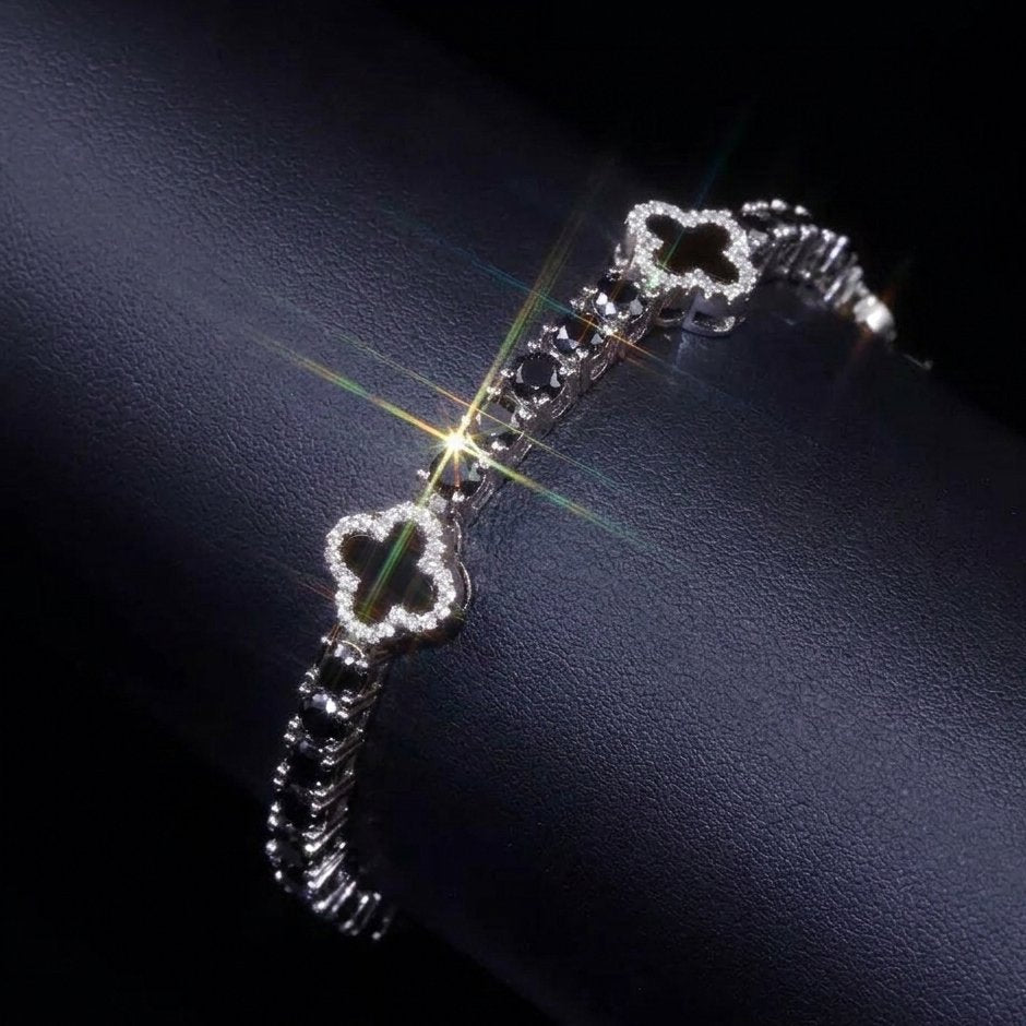 S925 Black Moissanite Clover Leaf Tennis Bracelet in White Gold - 3mm Bracelets 