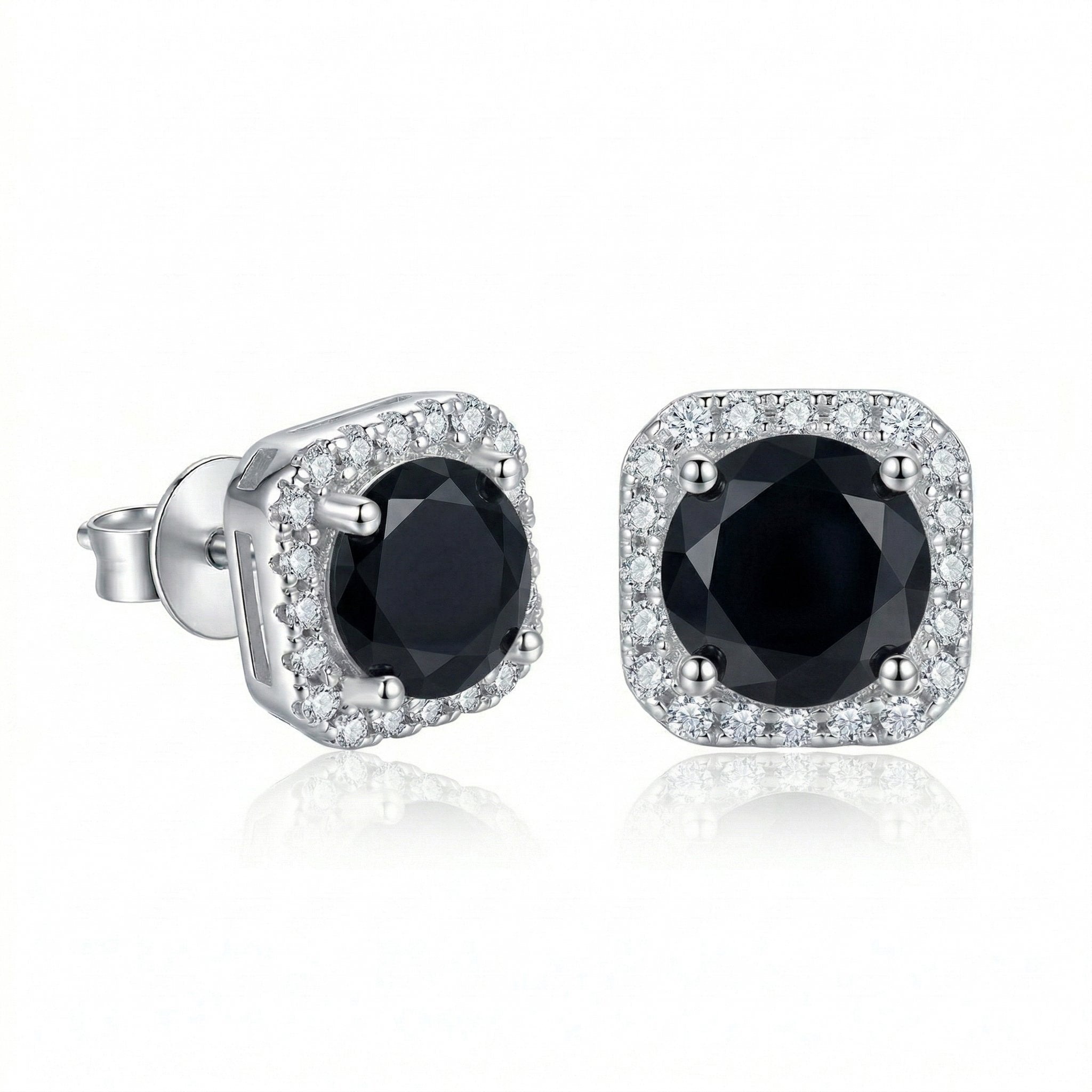 S925 Black Moissanite Halo Square Stud Earrings in White Gold - 1.0 Carat Earrings 