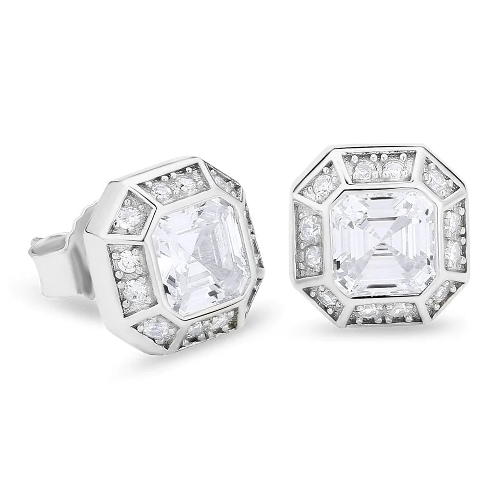 S925 Emerald Cut Diamond Stud Earrings in White Gold Earrings 
