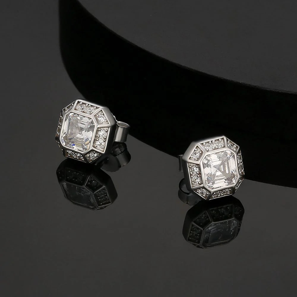 S925 Emerald Cut Diamond Stud Earrings in White Gold Earrings 