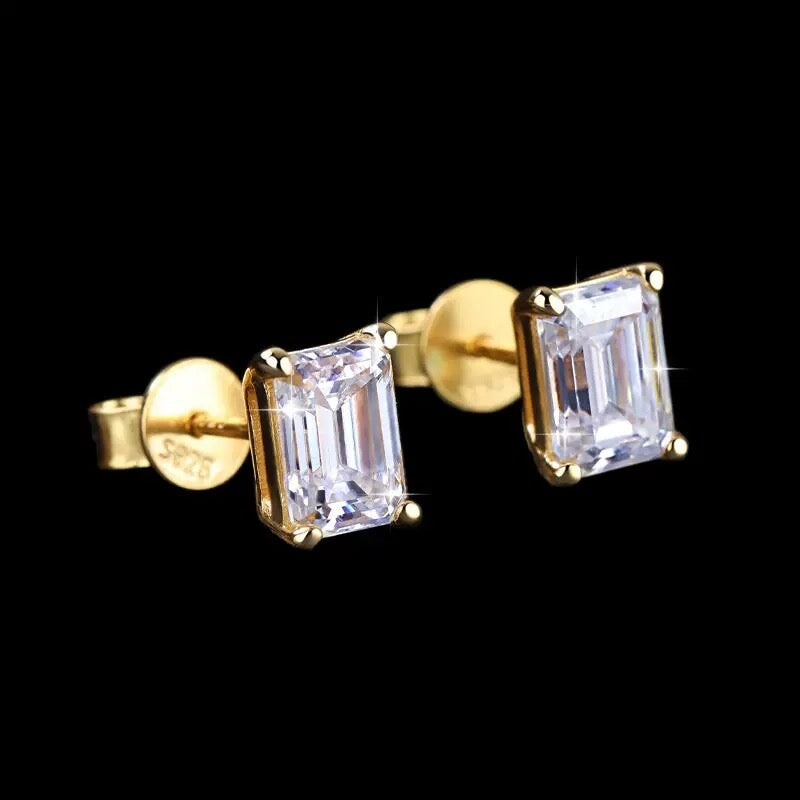 S925 Emerald Cut Stud Earrings in 14K Gold - 1.0 Carat Earrings 