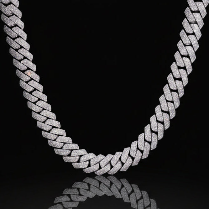 S925 Moissanite 4 Rows Prong Cuban Link Chain in White Gold - 15mm Necklaces 
