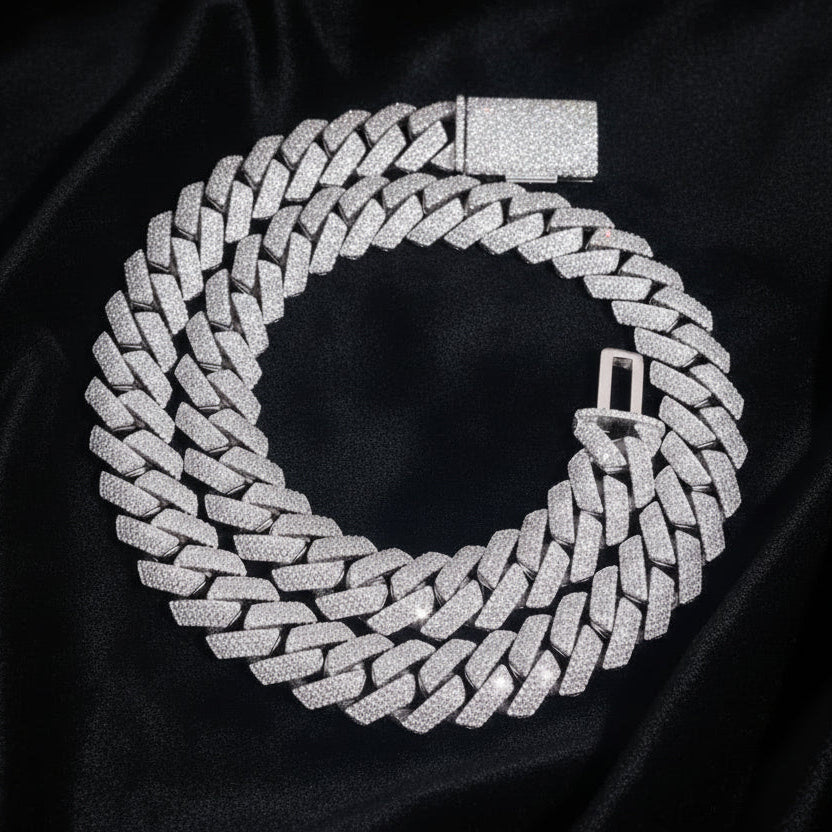 S925 Moissanite 4 Rows Prong Cuban Link Chain in White Gold - 15mm Necklaces 