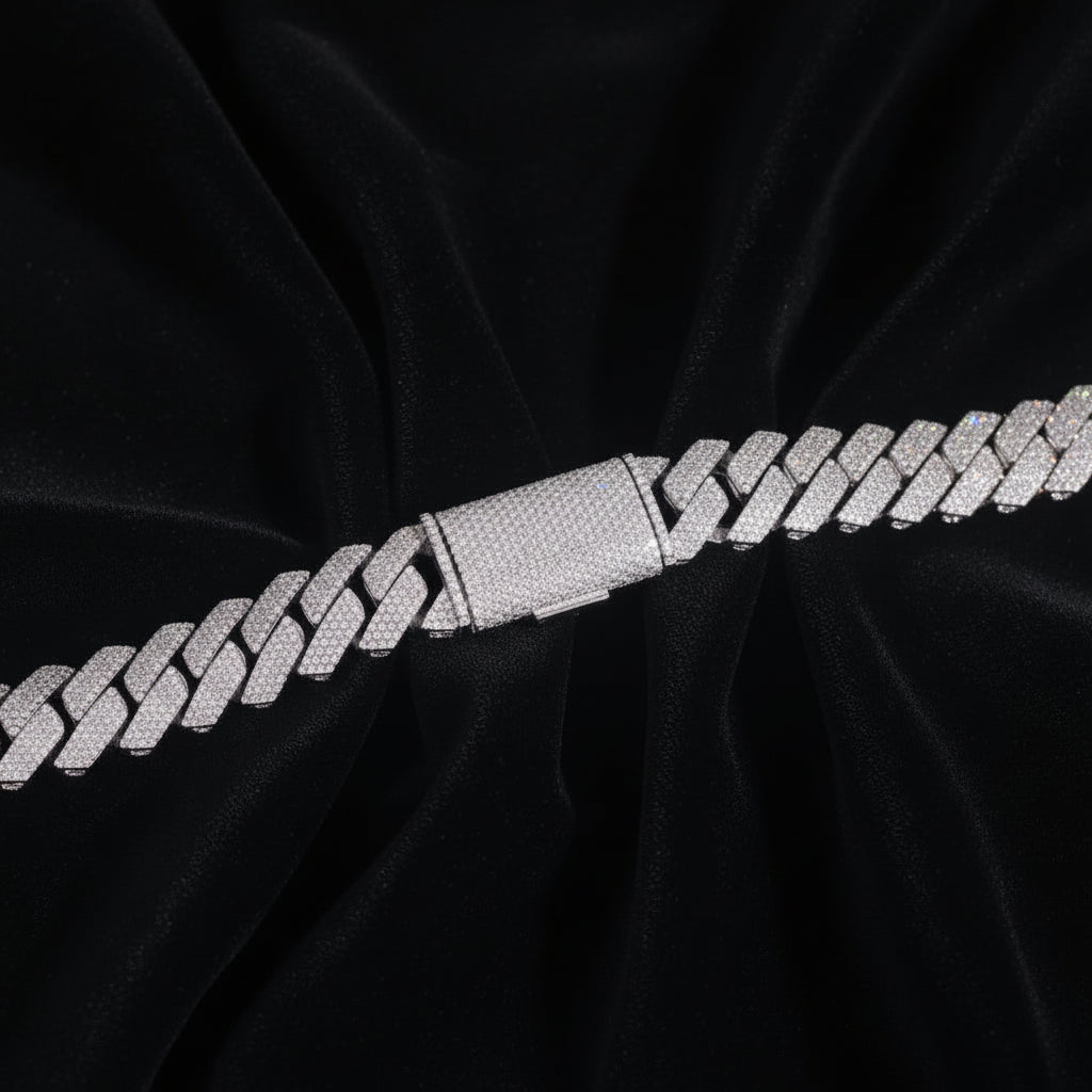 S925 Moissanite 4 Rows Prong Cuban Link Chain in White Gold - 15mm Necklaces 