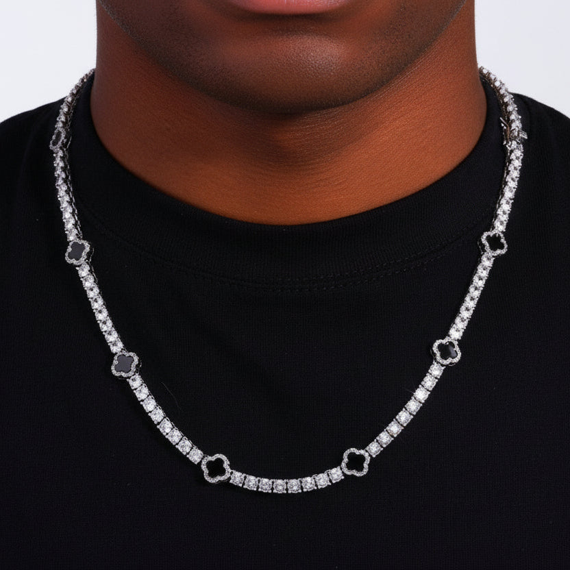 S925 Moissanite Black Clover Leaf Tennis Chain in White Gold - 3mm Necklaces 