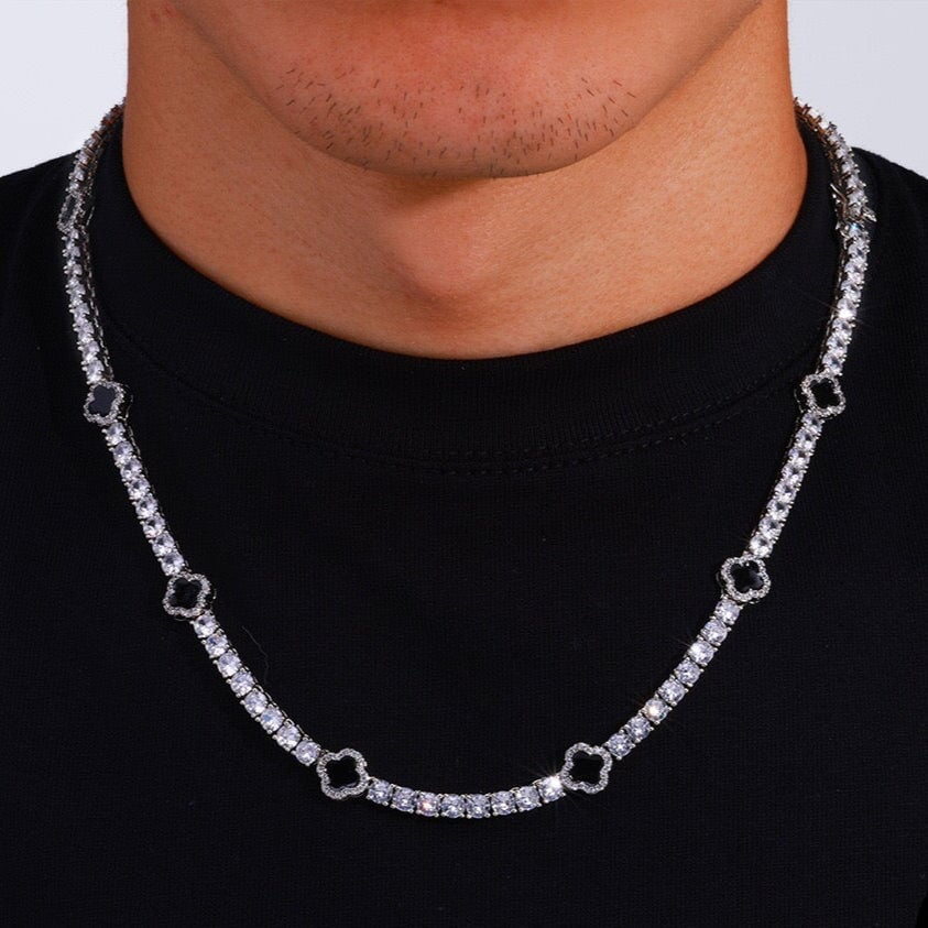 S925 Moissanite Black Clover Leaf Tennis Chain in White Gold - 3mm Necklaces 