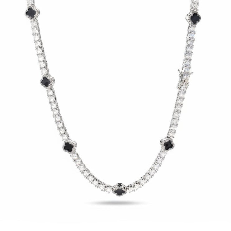 S925 Moissanite Black Clover Leaf Tennis Chain in White Gold - 3mm Necklaces 