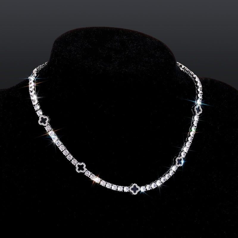 S925 Moissanite Black Clover Leaf Tennis Chain in White Gold - 3mm Necklaces 