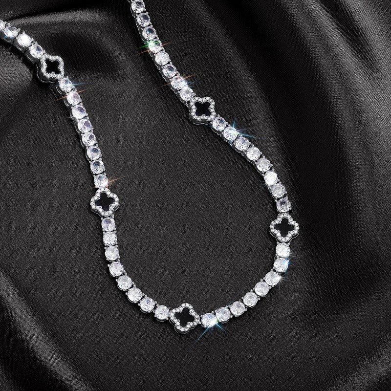 S925 Moissanite Black Clover Leaf Tennis Chain in White Gold - 3mm Necklaces 