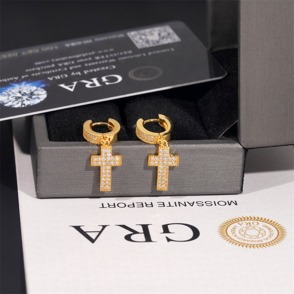 S925 Moissanite Cross Drop Hoop Earrings in 14K Gold Earrings 