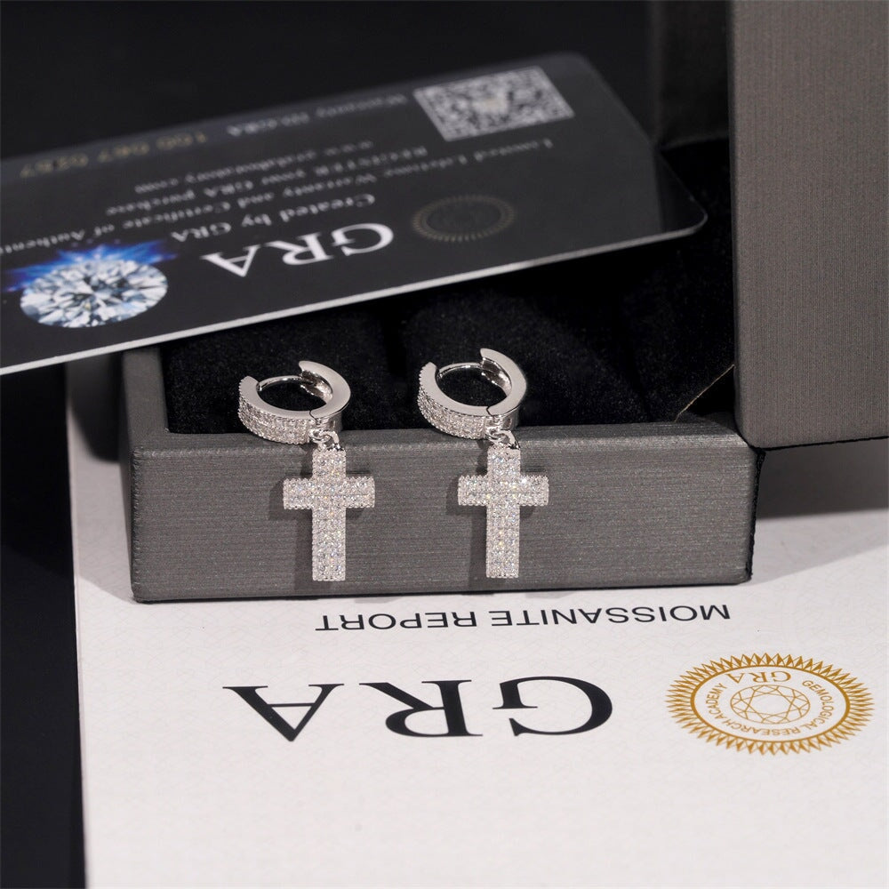 S925 Moissanite Cross Drop Hoop Earrings in White Gold Earrings 